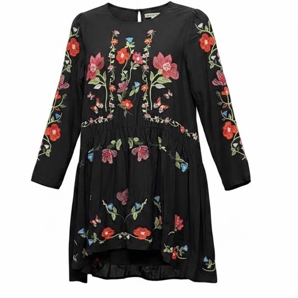 Zara Woman Black Floral Embroidered Cotton Silk Mini Dress Boho Butterfly XS